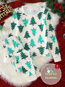 女童秋冬聖誕樹印花高彈性貼身居家服套裝 - 彩色 - 查看 5