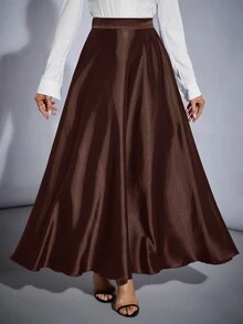 SHEIN Tall 高腰純色喇叭派對女款大寬擺裙，適合高個女性 - 咖啡棕 - 查看 6