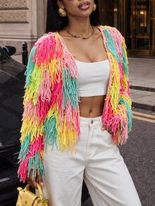 BamGleam Autumn/Winter Fashion Pure Handmade Crochet Tassel Cardigan Long Shirt - Multicolor - View 6