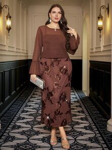 SHEIN Clasi Plus Size Embroidered Cami Dress With Mesh Top 2pcs Set Party Formal Cocktail Brown Elegant - Brown - View 7