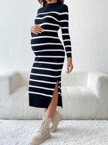 SHEIN Maternity Striped Print Casual Long Sleeve Sweater Dress, For Winter - Royal Blue - View 3