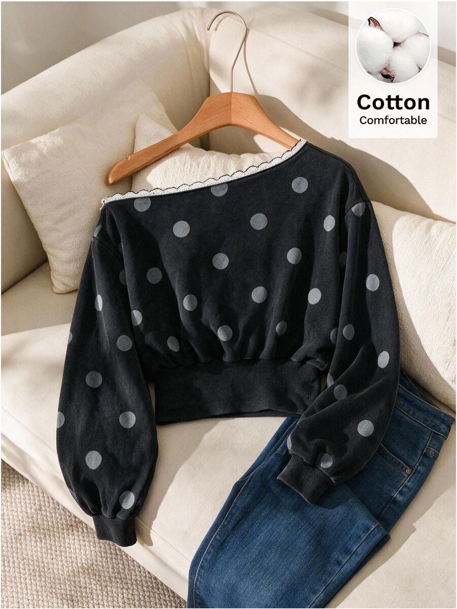 Story & Sage Women's Korean Style Polka Dot Print Asymmetrical Shoulder Ruffle Sweatshirt - Black - View 1