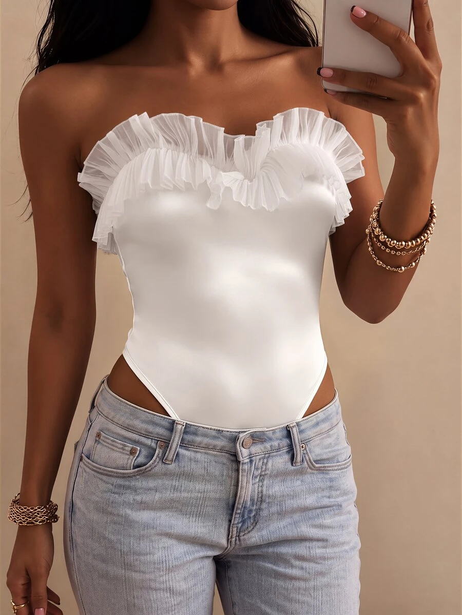 SHEIN Baju Renang Berlipit dan Berumbai Bentuk S, Warna Putih Krem Polos, Baju Renang yang Memperindah Bentuk Pinggang dan Melangsingkan, Cocok untuk Liburan Pantai, Pesta Kolam Renang, dan Bulan Madu - Putih - View 1