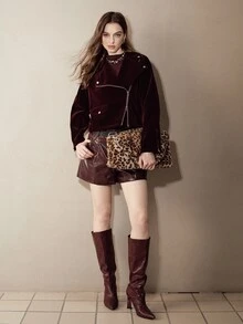 MOTF PREMIUM VELVET MOTORCYCLE LAPEL EPAULETTE WIDE SHOULDER LOOSE FIT CROPPED JACKET - Burgundy - View 7
