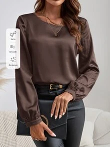 EMERY ROSE 女款優雅通勤風圓領長袖襯衫 - 棕色 - 查看 7