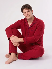 LUVLETTE Plus Size  Soft 100% Pure Cotton Red Basic Long Sleeve Button-Up Top & Pants Pajama Sets For Men Lounge With Pockets Pajamas Christmas & New Years - Red - View 7