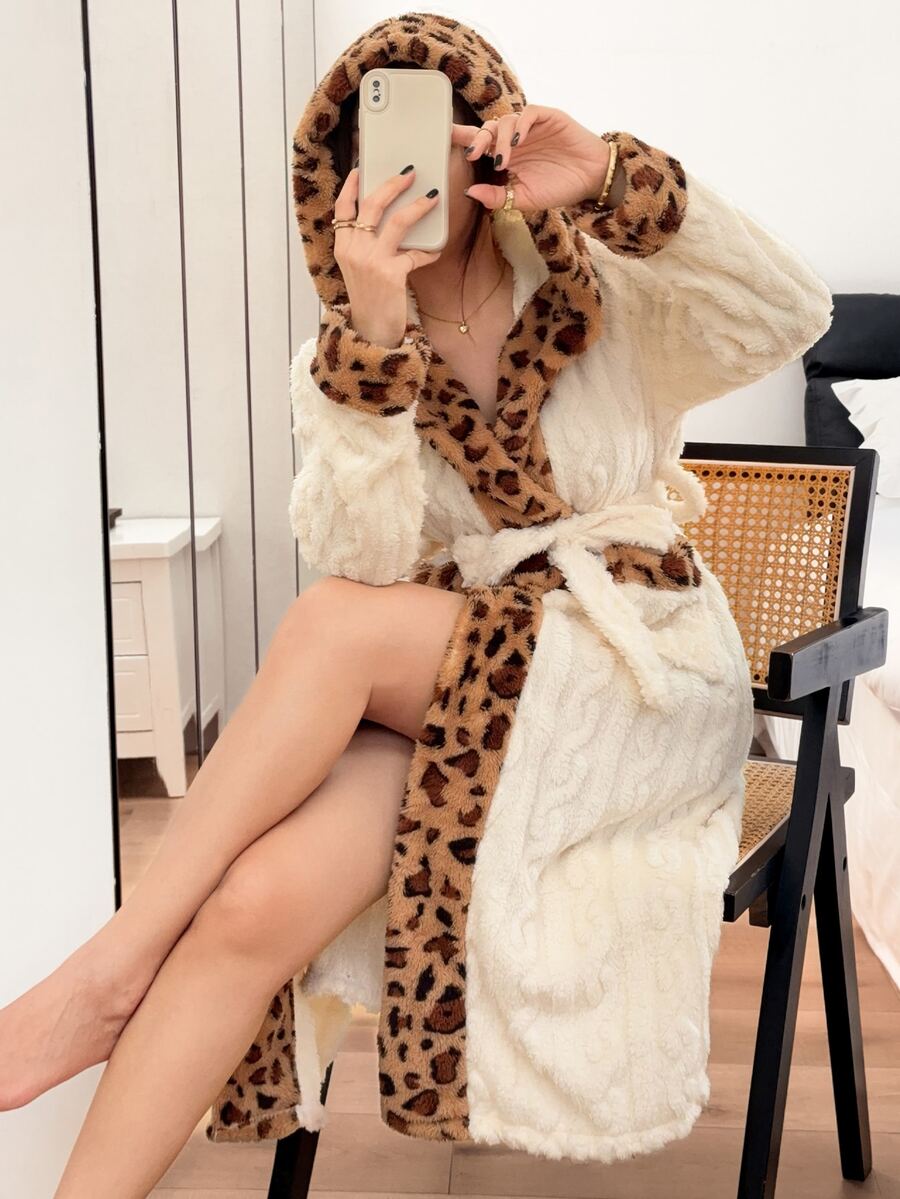 Napfluff Women's Winter Jacquard Velvet Hooded Leopard Print Patchwork Long Robe Loungewear - Apricot - View 1