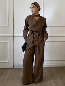 Livesso Women's Solid Color Knot Waist Long Sleeve Top And Pants Casual Daily 2 Pieces Set - Coffee Brown - View 3
