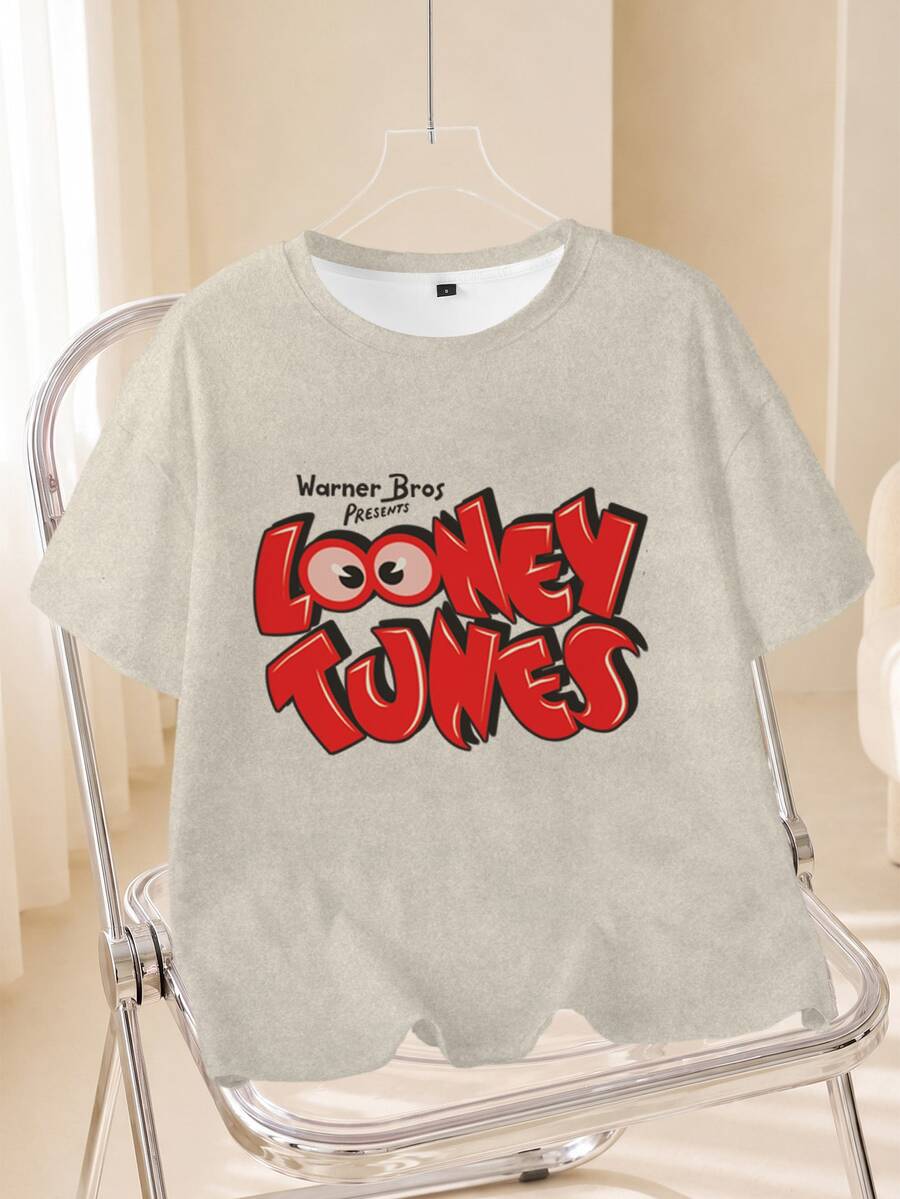 LOONEY TUNES X SHEIN تي شيرت نسائي بطبعة حروف كاجوال للاستخدام اليومي بأكمام قصيرة - أبيض - مشاهدة 1