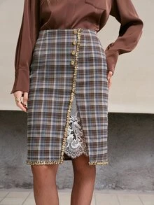 MOTF PREMIUM WOMEN'S VINTAGE PLAID RIBBON TRIM SLIT HEM ELEGANT SKIRT - Multicolor - View 1