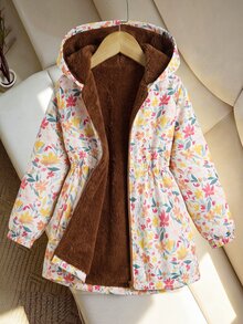 SHEIN Tween Girl 兒童冬季棕色碎花保暖內裡拉鍊外套，彈性腰圍附帽，加厚休閒通勤秋冬外穿外套 - 棕色 - 查看 3