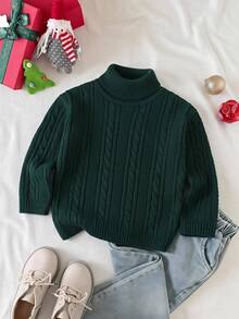 Boys' High Neck Sweater, Autumn/Winter, Vintage Dark Green Cable Knit Thick Sweater. Classic Cable Knit Pattern, Strong Texture, Vintage And Timeless. High Neck Design, Suitable For Layering/Wearing Alone In Autumn/Winter. - Dark Green - View 8