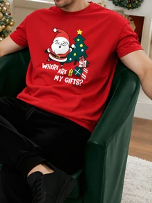 Manfinity Homme 男士趣味聖誕 T-shirt「Where Is My Gift」聖誕老人印花短袖節日派對上衣，聖誕禮物 - 紅色 - 查看 2