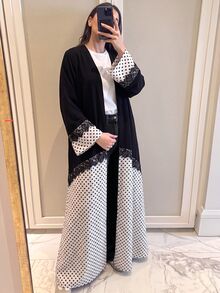 Al Najma Polka Dot Contrast Color Lace Embellished Elegant Arabic Abaya Winter Going Out - Multicolor - View 3