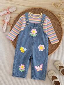 Cozy Pixies Baby Girl Floral Pattern Casual Daily Innovative Cup Strap Denim Jumpsuit - Blue - View 5