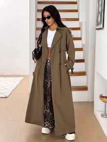SHEIN EZwear 女款休閒法式優雅日常春秋款翻領雙排扣長版風衣 教師節辦公穿搭卡其色 - 棕色 - 查看 5