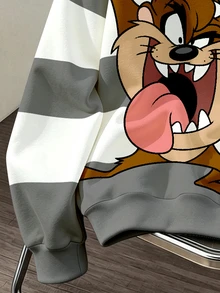 LOONEY TUNES X SHEIN Daypath 男士字母條紋長袖休閒連帽衛衣 - 灰色 - 查看 3