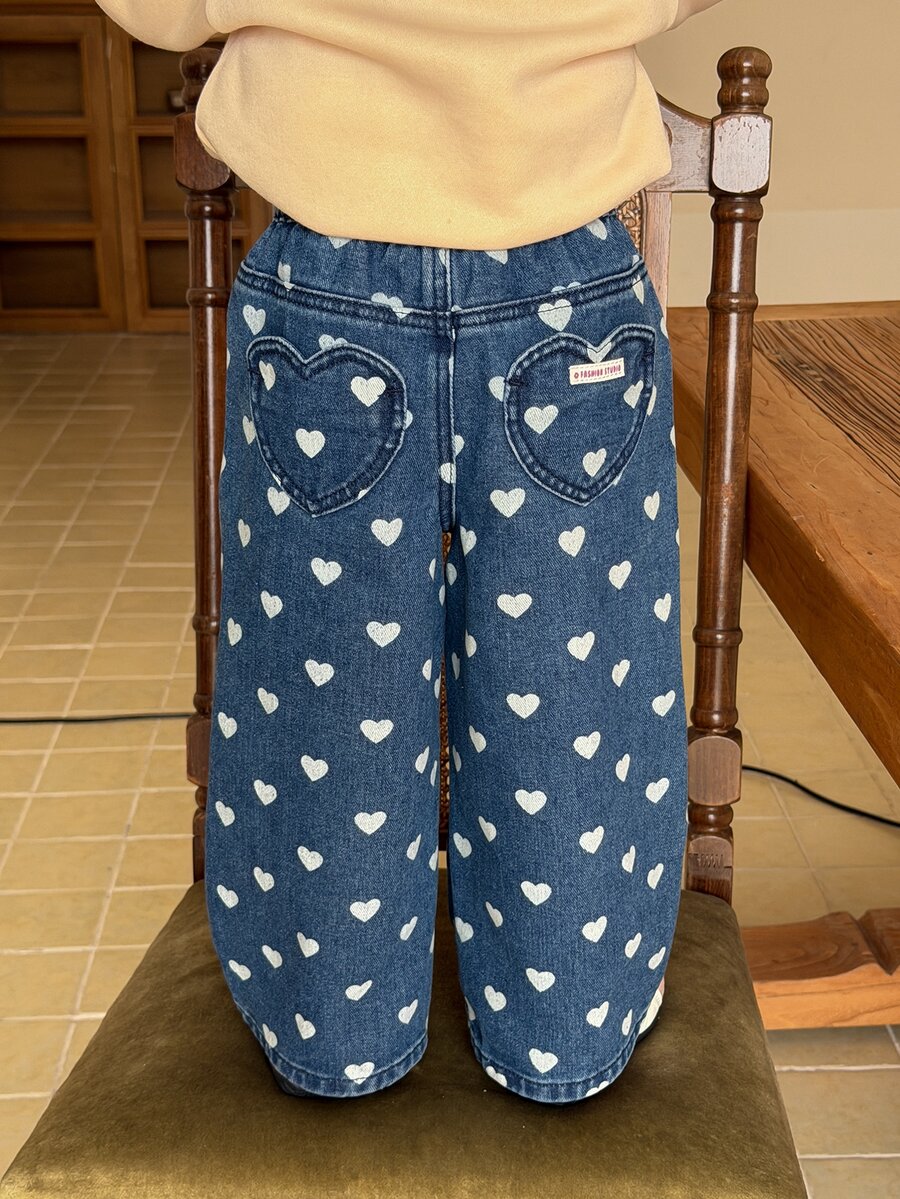 Dazy Kids Girls' Loose Casual Heart Pattern Korean Style All-Season Denim Pants - Blue - View 1