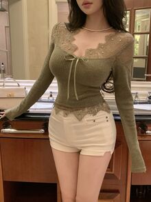 DAZY Women's Lace Patchwork Casual Daily Long Sleeve T-Shirt - Dark Green - View 9