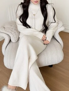Feyla Women's Solid Color Turtleneck Long Sleeve Sweater And Knitted Pants Casual Set - Apricot - View 3