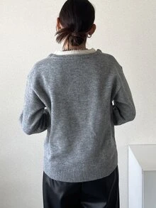 FRIFUL Women's Faux Two-Piece Patchwork Casual Daily Long Sleeve Sweater - Grey - View 5