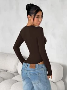 SHEIN PETITE 女款純色修身百搭日常穿著長袖緊身連身衣，黑色，秋季極簡簡約百搭，小碼 - 巧克力棕 - 查看 2