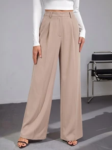 SHEIN Tall 女款黑色高腰寬腿長褲，優雅商務休閒上班西裝褲，高挑百搭純色秋冬老錢風正裝褲 - 駝色 - 查看 3