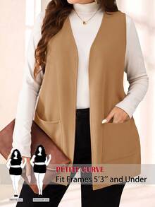 SHEIN PETITE CURVE 大尺碼純色無袖寬鬆口袋簡約休閒外套，春夏穿搭，秋冬度假款 - 駝色 - 查看 1