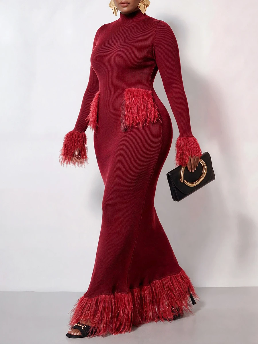 Zivah Gaun Sweater Rajut Bergaris Ukuran Besar untuk Wanita dengan Hiasan Rumbai - Burgundy - View 1