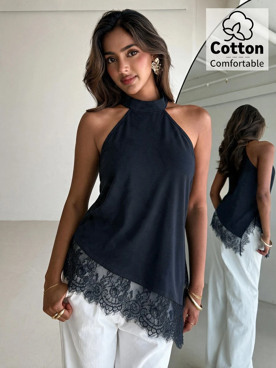 Aloruh Women's Lace Patchwork Asymmetrical Hem Top - Navy Blue - View 1