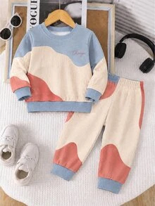 Boys 2Pcs Sweatshirt Set, Digital Print Crew Neck Long Sleeve Top & Sweatpants, Deep Blue Apricot Brown Color Block, Autumn Winter Casual Outfit - Multicolor - View 3