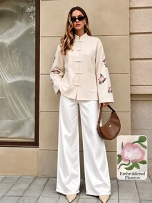Modelyn New Woven Non-Stretch Wool Blend Long Sleeve Embroidered National Style Elegant Commute Versatile Fashion Korean Style Open Front Women's Wool Cardigan - Apricot - View 8
