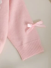 SHEIN 新生女嬰粉色針織套裝，毛衣開襟衫與套頭上衣，蝴蝶結裝飾，寬腿鬆身長褲套裝，適合秋冬，可愛舒適時尚 - 粉色 - 查看 6