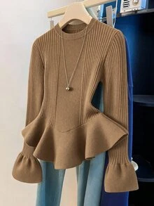 Franclia 女款秋冬純色圓領長袖荷葉邊下擺針織衫 - 摩卡棕 - 查看 1
