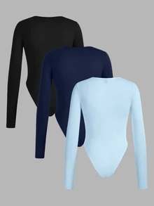 SHEIN EZwear 3件裝純色百搭對比色女款長袖修身連身衣，適合春秋穿著 - 彩色 - 查看 2