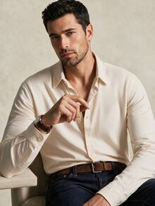 Lornavo Men's Solid Color Long Sleeve Single-Breasted Casual Shirt, Formal - Apricot - View 4