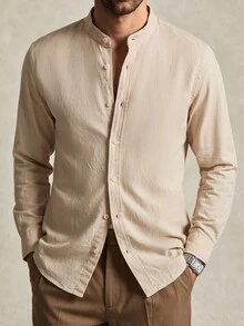 Lornavo Men's Solid Color Casual Versatile Daily Wear Shirt - Apricot - View 6