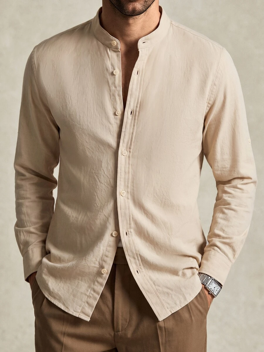 Lornavo Men's Solid Color Casual Versatile Daily Wear Shirt - Apricot - View 1
