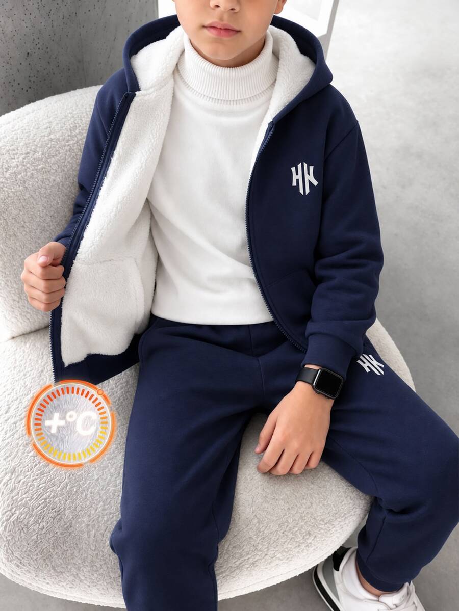SHEIN 兒童青少年男孩休閒運動加厚連帽開襟運動衫與運動長褲套裝,適合秋冬、學校、居家、派對、度假,秋季穿搭、冬季穿搭,男孩兒童套裝 - 藏蓝色 - 查看 1