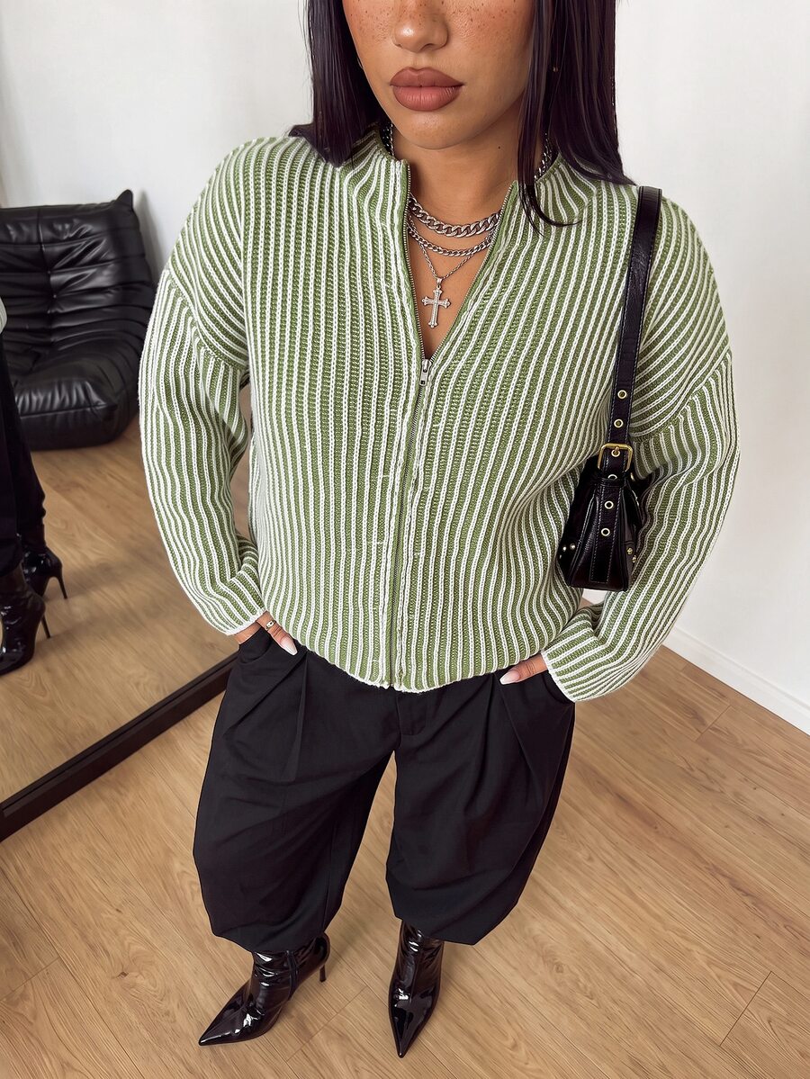 POPSWAY Cardigan de punto con cremallera, a rayas y bloques de color, estilo minimalista, talla grande, para invierno - Multicolor - Ver 1