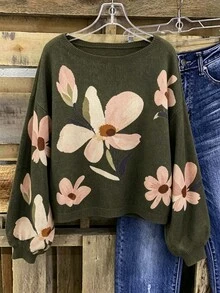 Linhara Plus Size Casual Fashion Versatile Loose Lazy Plus Size Scoop Neck Asymmetrical Shoulder Floral Print Long Sleeve Knit Sweater Pullover - Green - View 3