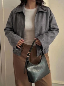 Livesso Plus Size Women's Autumn/Winter New Loose Casual Leather Jacket Regular Coat - Grey - View 3