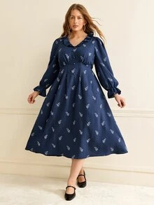 Écloséra Curve Plus Size Women's French Vintage Ditsy Floral Midi Dress With Ruffle V-Neck, Cinched Waist And Long Sleeves - Blue - View 5