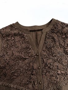 Al Najma Spring/Summer Fashion V-Neck Flared Sleeve Patchwork 3D Embroidered Lace Trim Full Skirt Dress - Brown - View 9