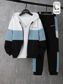 SHEIN 2件組兒童青少年男孩休閒日常百搭舒適寬鬆連帽前開襟秋季衛衣 + 對比色休閒運動長褲，抓絨 - 藍色 - 查看 1