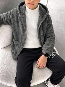 SHEIN 兒童青少年男孩休閒百搭保暖內裡厚絨連帽夾克，適合通勤、上學、日常休閒、度假、旅行、運動，秋冬冬季外套，男孩冬裝上衣 - 灰色 - 查看 6