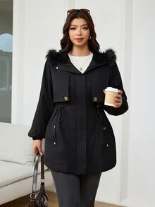 Reflora Plus Size Women's Solid Color Long Sleeve Zip-Up Drawstring Waist Patchwork Fur Hooded Jacket - Black - View 4