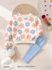 女童甜美卡通花卉印花圓領運動衫與刷毛內搭褲套裝，適合日常、外出、度假 - 彩色 - 查看 3
