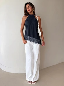Aloruh Women's Lace Patchwork Asymmetrical Hem Top - Navy Blue - View 3