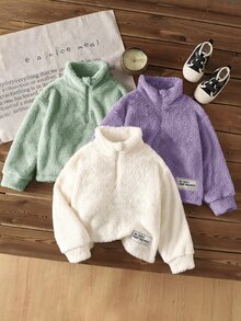 SHEIN 3件組少女純色立領半拉鍊抓絨短版運動衫套裝，雙面秋冬款，柔軟可愛毛絨 - 彩色 - 查看 4